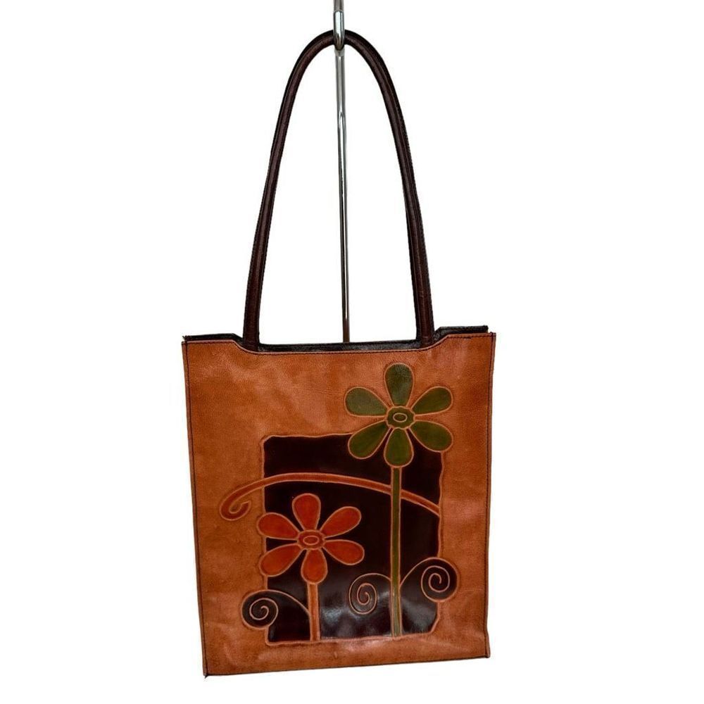 Brown Floral Appliqué Shoulder Bag